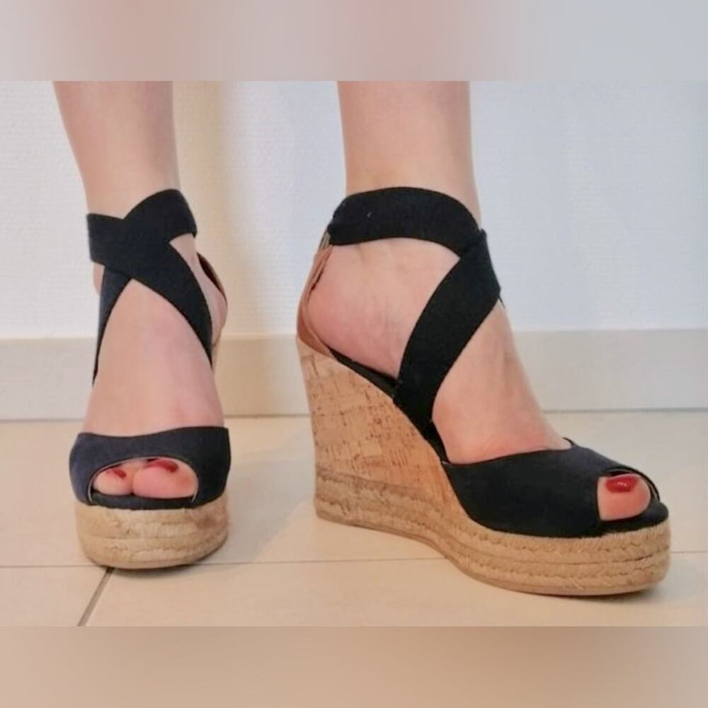 TORY BURCH Navy 2 Stretch Strap Canvas Navy Peep Toe Wedge Espadrille US 10M